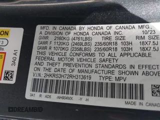 2024 Honda CR-V EX-L with VIN 2HKRS3H72RH313619, listed as a IAAI auction lot 42245044 with 17,070 mi miles and . Bid and sale history available at DreamBid. Image 9.