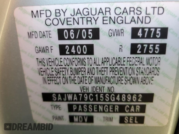 2005 Jaguar XJ with VIN SAJWA79C15SG48962, listed as a Copart auction lot 75674034 with 0 mi miles and Salvage Title. Bid and sale history available at carsss.com. Image 12.