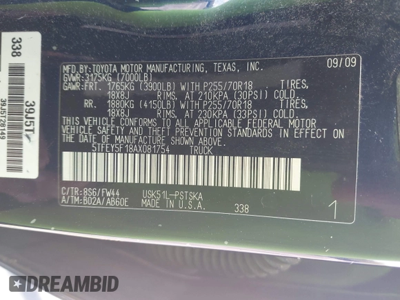 2010 Toyota Tundra with VIN 5TFEY5F18AX081754, listed as a IAAI auction lot 41924616 with 274,507 mi miles and . Bid and sale history available at DreamBid. Image 9.