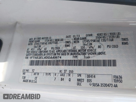 2013 Ford Econoline Cargo Commercial with VIN 1FTNE2EL4DDA49674, listed as a IAAI auction lot 42660306 with 143,036 mi miles and . Bid and sale history available at DreamBid. Image 9.