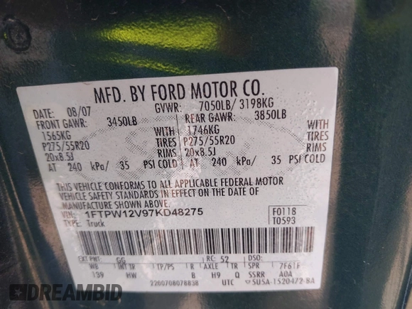 2007 Ford F-150 XLT with VIN 1FTPW12V97KD48275, listed as a IAAI auction lot 42398736 with 231,497 mi miles and . Bid and sale history available at DreamBid. Image 9.