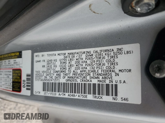 2008 Toyota Tacoma PreRunner z VIN 5TETU62N58Z471571, wystawiony jako Copart lot #52984415 z przebiegiem 122 401 mil mil oraz Szkoda całkowita • Salvage title. Historia ofert i sprzedaży dostępna na DreamBid. Obrazek 12.