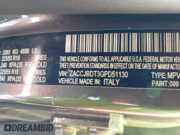 2016 Jeep Renegade Limited with VIN ZACCJBDT3GPD51130, listed as a IAAI auction lot 41725925 with 165,748 mi miles and . Bid and sale history available at DreamBid. Image 9.