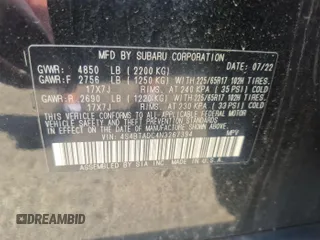 2022 Subaru Outback Premium with VIN 4S4BTADC4N3267394, listed as a IAAI auction lot 42784086 with 74,740 mi miles and . Bid and sale history available at DreamBid. Image 12.