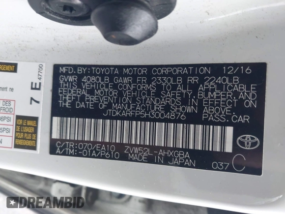 2017 Toyota Prius Plus with VIN JTDKARFP5H3004876, listed as a IAAI auction lot 41972573 with 148,670 mi miles and . Bid and sale history available at DreamBid. Image 9.
