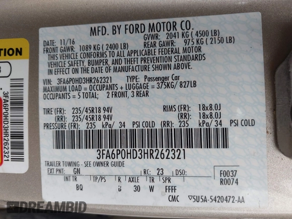 2017 Ford Fusion SE with VIN 3FA6P0HD3HR262321, listed as a IAAI auction lot 41948717 with 80,912 mi miles. Bid and sale history available at carsss.com. Image 9.
