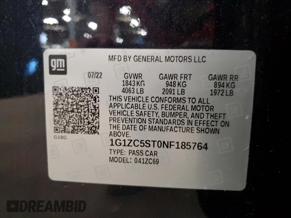 2022 Chevrolet Malibu LS with VIN 1G1ZC5ST0NF185764, listed as a Copart auction lot 53383595 with 57,355 mi miles and Clean Title. Bid and sale history available at DreamBid. Image 12.