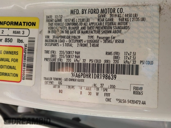 2013 Ford Fusion SE with VIN 3FA6P0HR1DR198639, listed as a IAAI auction lot 41892416 with 114,932 mi miles. Bid and sale history available at carsss.com. Image 9.