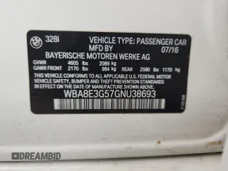 2016 BMW 3 Series 328i xDrive with VIN WBA8E3G57GNU38693, listed as a Copart auction lot 65817895 with 24,947 mi miles and Salvage title. Bid and sale history available at DreamBid. Image 13.