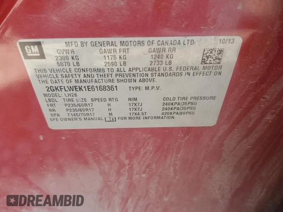 2014 GMC Terrain SLE with VIN 2GKFLWEK1E6168361, listed as a Copart auction lot 60433445 with 152,127 mi miles and Salvage title. Bid and sale history available at DreamBid. Image 13.