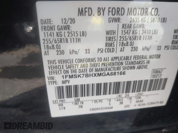2021 Ford Explorer с VIN 1FMSK7BHXMGA68166, выставлен на аукционе IAAI как лот 42005801 с пробегом 56 100 миль миль и . История ставок и продаж доступна на DreamBid. Изображение 9.