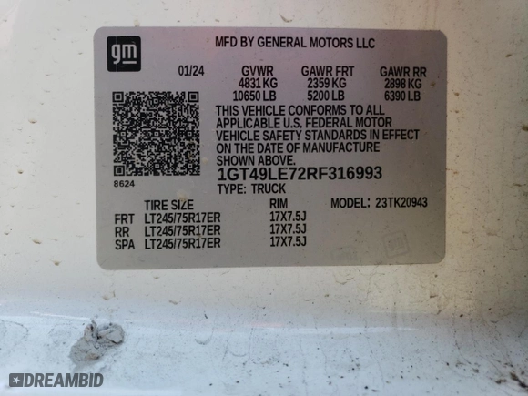 2024 GMC Sierra 2500HD Pro with VIN 1GT49LE72RF316993, listed as a Copart auction lot 84861714 with 32,280 mi miles and Salvage Title. Bid and sale history available at carsss.com. Image 12.