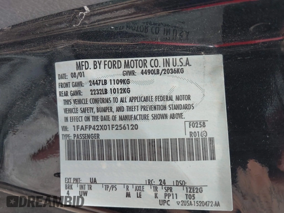 2001 Ford Mustang GT Deluxe with VIN 1FAFP42X01F256120, listed as a IAAI auction lot 42446560 with Not provided miles and . Bid and sale history available at DreamBid. Image 9.