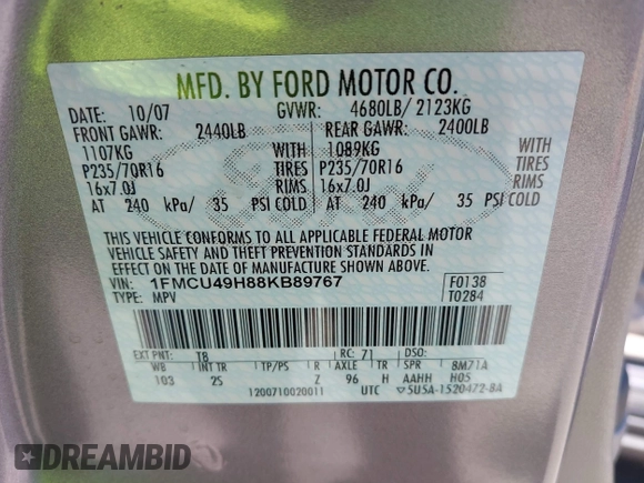 2008 Ford Escape Hybrid z VIN 1FMCU49H88KB89767, wystawiony jako IAAI lot #42650593 z przebiegiem 127 093 mil mil oraz . Historia ofert i sprzedaży dostępna na DreamBid. Obrazek 9.