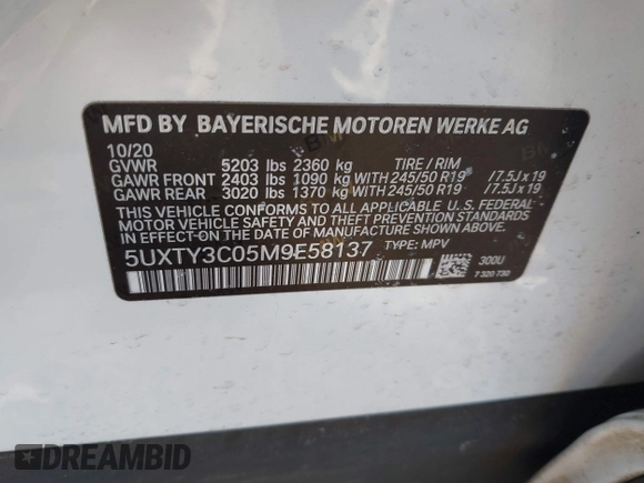 2021 BMW X3 sDrive30i with VIN 5UXTY3C05M9E58137, listed as a IAAI auction lot 41731509 with 69,931 mi miles and . Bid and sale history available at DreamBid. Image 9.