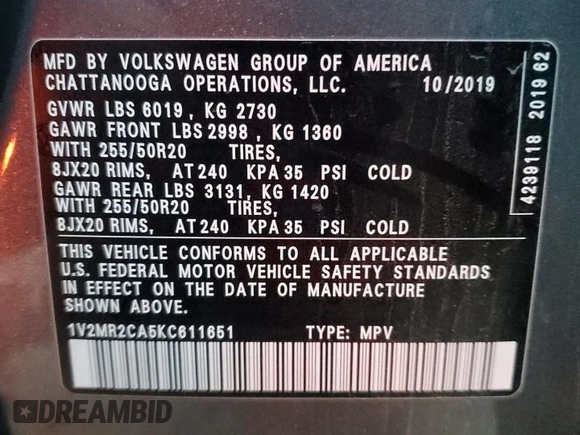 2019 Volkswagen Atlas SEL with VIN 1V2MR2CA5KC611651, listed as a Copart auction lot 86368654 with 54,066 mi miles and Salvage title. Bid and sale history available at DreamBid. Image 15.