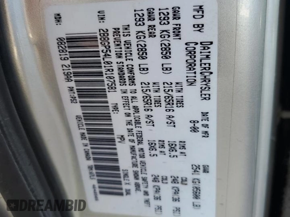 2001 Dodge Caravan ES with VIN 2B8GP54L01R107581, listed as a Copart auction lot 75209744 with 93,086 mi miles and Salvage Title. Bid and sale history available at DreamBid. Image 16.