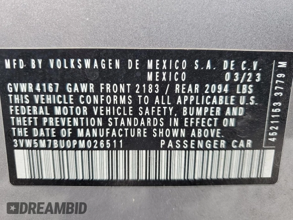 2023 Volkswagen Jetta S with VIN 3VW5M7BU0PM026511, listed as a Copart auction lot 62201605 with 19,805 mi miles and Salvage title. Bid and sale history available at DreamBid. Image 12.