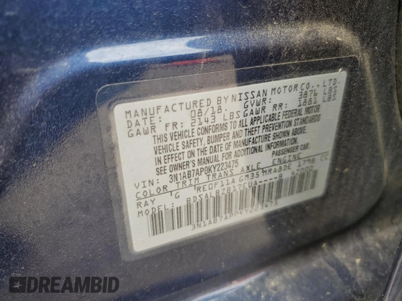 2019 Nissan Sentra S with VIN 3N1AB7AP0KY223475, listed as a Copart auction lot 50326625 with 107,436 mi miles and Salvage Title. Bid and sale history available at carsss.com. Image 13.