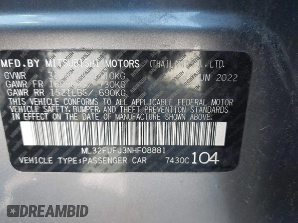 2022 Mitsubishi Mirage ES z VIN ML32FUFJ3NHF08881, wystawiony jako IAAI lot #41870193 z przebiegiem 38 474 mil mil oraz . Historia ofert i sprzedaży dostępna na DreamBid. Obrazek 9.