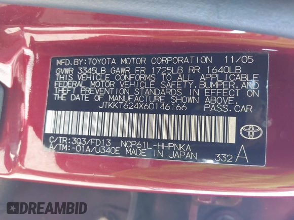 2006 Scion xA z VIN JTKKT624X60146166, wystawiony jako IAAI lot #42073450 z przebiegiem 166 431 mil mil oraz . Historia ofert i sprzedaży dostępna na DreamBid. Obrazek 9.