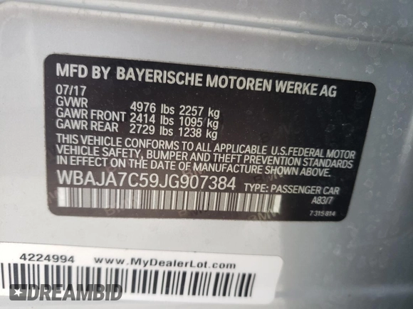 2018 BMW 5 Series 530i xDrive with VIN WBAJA7C59JG907384, listed as a Copart auction lot 43800145 with 95,961 mi miles and Salvage Title. Bid and sale history available at carsss.com. Image 12.