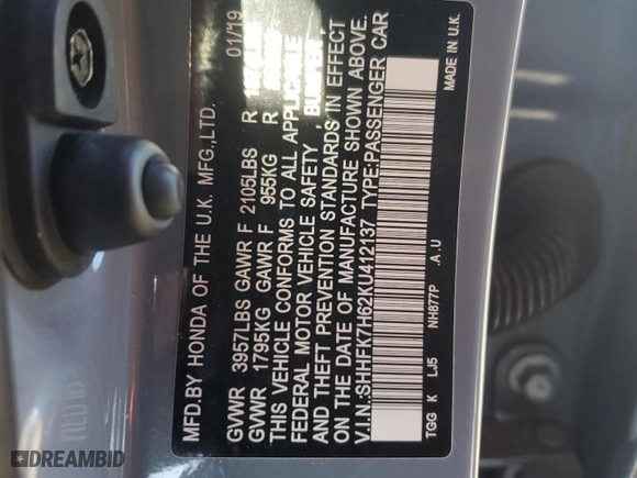 2019 Honda Civic Hatchback EX with VIN SHHFK7H62KU412137, listed as a Copart auction lot 50773365 with 90,811 mi miles and Clean Title. Bid and sale history available at carsss.com. Image 12.