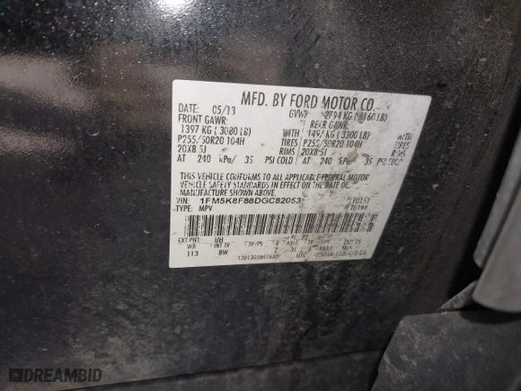 2013 Ford Explorer Limited with VIN 1FM5K8F88DGC82053, listed as a IAAI auction lot 42058341 with 243,834 mi miles. Bid and sale history available at carsss.com. Image 9.