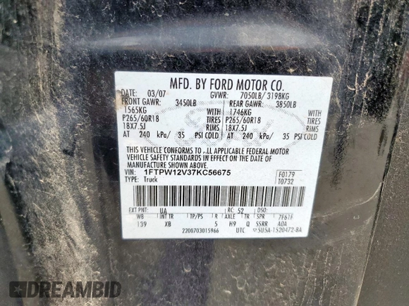 2007 Ford F-150 XLT with VIN 1FTPW12V37KC56675, listed as a Copart auction lot 58372825 with 171,393 mi miles and Clean title. Bid and sale history available at DreamBid. Image 12.