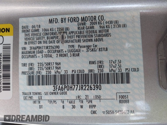 2018 Ford Fusion SE z VIN 3FA6P0H77JR226390, wystawiony jako IAAI lot #42120981 z przebiegiem 114 057 mil mil oraz . Historia ofert i sprzedaży dostępna na DreamBid. Obrazek 9.