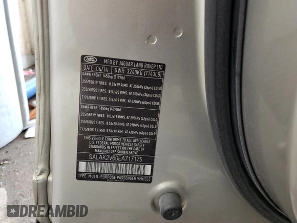 2014 Land Rover LR4 Lux with VIN SALAK2V60EA717175, listed as a Copart auction lot 62162595 with 120,071 mi miles and Salvage title. Bid and sale history available at DreamBid. Image 13.