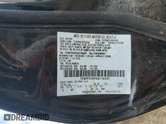 2004 Ford Taurus SES with VIN 1FAFP55U94A116527, listed as a Copart auction lot 58208575 with Not provided miles and Clean title. Bid and sale history available at DreamBid. Image 12.