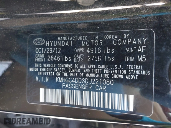2013 Hyundai Genesis 3.8L with VIN KMHGC4DD3DU221080, listed as a IAAI auction lot 41931903 with 136,532 mi miles and . Bid and sale history available at DreamBid. Image 9.