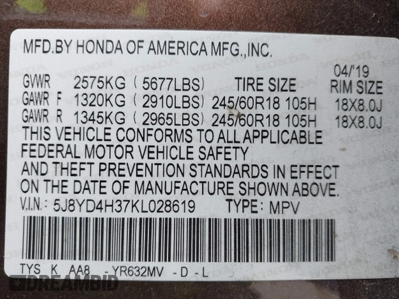 2019 Acura MDX with VIN 5J8YD4H37KL028619, listed as a IAAI auction lot 41403005 with 66,106 mi miles. Bid and sale history available at carsss.com. Image 9.