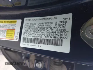 2018 Honda Accord Touring with VIN 1HGCV3F95JA007495, listed as a IAAI auction lot 42192915 with 46,302 mi miles and . Bid and sale history available at DreamBid. Image 9.