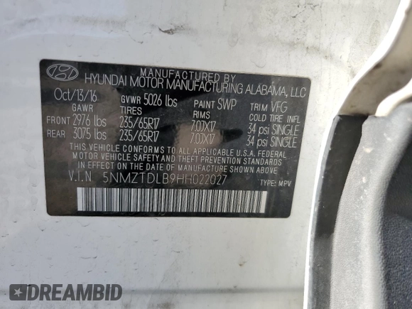 2017 Hyundai Santa Fe 2.4L z VIN 5NMZTDLB9HH022027, wystawiony jako Copart lot #56242045 z przebiegiem 117 484 mil mil oraz Szkoda całkowita • Salvage title. Historia ofert i sprzedaży dostępna na DreamBid. Obrazek 12.