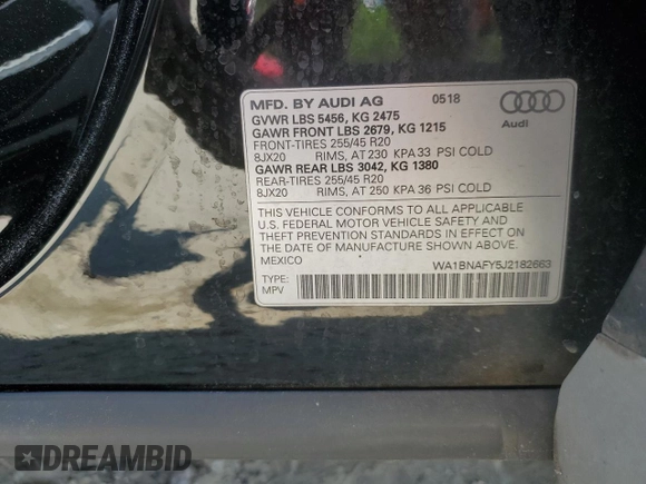 2018 Audi Q5 Premium Plus with VIN WA1BNAFY5J2182663, listed as a Copart auction lot 54220245 with 61,676 mi miles and Salvage Title. Bid and sale history available at DreamBid. Image 13.