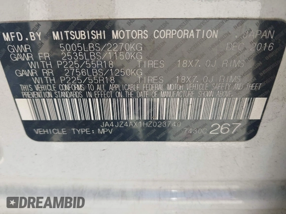 2017 Mitsubishi Outlander GT with VIN JA4JZ4AX1HZ023740, listed as a IAAI auction lot 42052468 with 106,073 mi miles and . Bid and sale history available at DreamBid. Image 9.