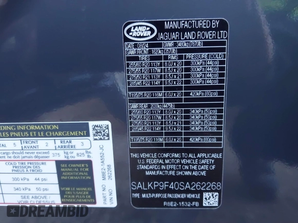 2025 Land Rover Range Rover with VIN SALKP9F40SA262268, listed as a IAAI auction lot 41363543 with 63 mi miles and . Bid and sale history available at DreamBid. Image 9.