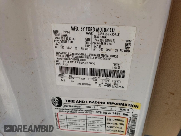 2014 Ford F-150 XL with VIN 1FTFW1EF5EKD99835, listed as a Copart auction lot 53724705 with 145,839 mi miles and Salvage Title. Bid and sale history available at carsss.com. Image 12.