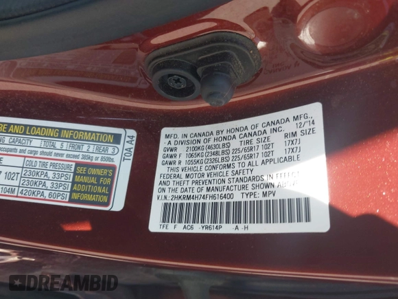 2015 Honda CR-V EX-L with VIN 2HKRM4H74FH616400, listed as a IAAI auction lot 42059162 with 120,636 mi miles and . Bid and sale history available at DreamBid. Image 9.