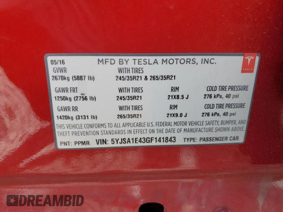 2016 Tesla Model S 90D with VIN 5YJSA1E43GF141843, listed as a Copart auction lot 51788965 with 59,744 mi miles and Salvage Title. Bid and sale history available at DreamBid. Image 12.