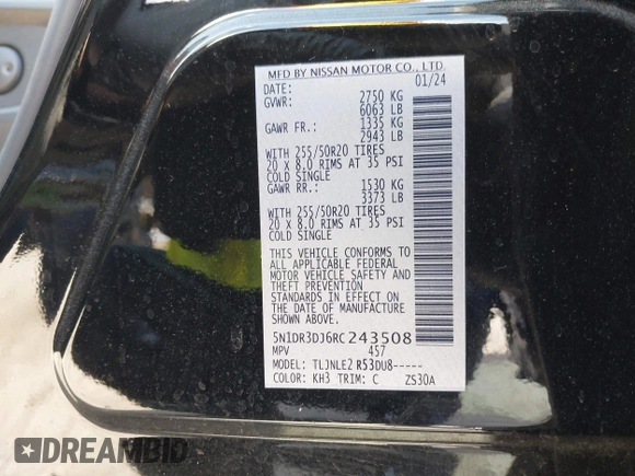 2024 Nissan Pathfinder Platinum z VIN 5N1DR3DJ6RC243508, wystawiony jako IAAI lot #42007758 z przebiegiem 19 729 mil mil oraz . Historia ofert i sprzedaży dostępna na DreamBid. Obrazek 9.