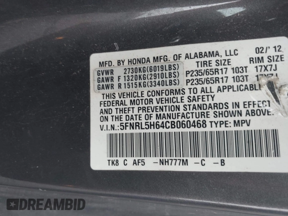 2012 Honda Odyssey EX-L with VIN 5FNRL5H64CB060468, listed as a IAAI auction lot 42182501 with 236,399 mi miles and . Bid and sale history available at carsss.com. Image 9.