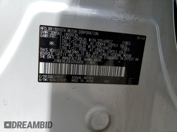 2014 Toyota RAV4 LE with VIN JTMBFREV0ED056858, listed as a Copart auction lot 55296545 with 164,268 mi miles and Salvage Title. Bid and sale history available at DreamBid. Image 13.