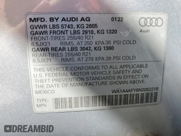 2022 Audi SQ5 Premium with VIN WA1A4AFY8N2052218, listed as a Copart auction lot 69474304 with 33,282 mi miles and Salvage Title. Bid and sale history available at DreamBid. Image 15.