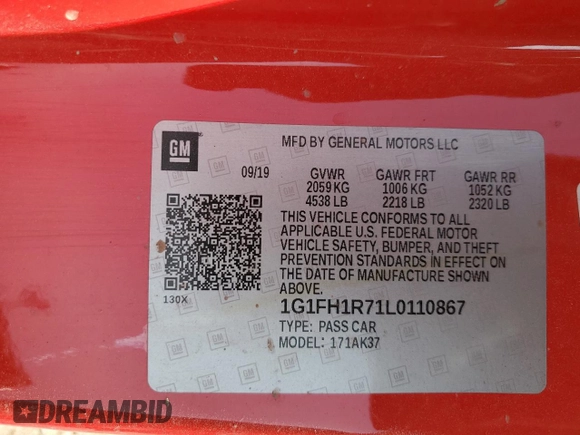 2020 Chevrolet Camaro 2SS z VIN 1G1FH1R71L0110867, wystawiony jako Copart lot #44253875 z przebiegiem Nie podano mil oraz Szkoda całkowita • Salvage title. Historia ofert i sprzedaży dostępna na DreamBid. Obrazek 12.