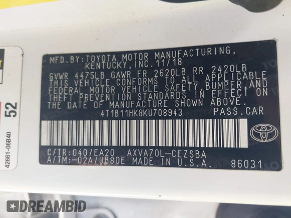 2019 Toyota Camry LE z VIN 4T1B11HK8KU708943, wystawiony jako IAAI lot #42221233 z przebiegiem 173 813 mil mil oraz . Historia ofert i sprzedaży dostępna na DreamBid. Obrazek 9.