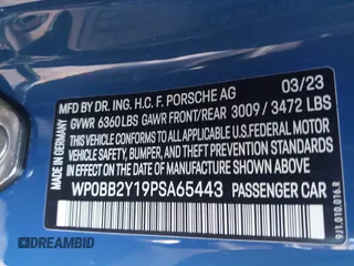 2023 Porsche Taycan 4S z VIN WP0BB2Y19PSA65443, wystawiony jako IAAI lot #42105240 z przebiegiem 265 mil mil oraz . Historia ofert i sprzedaży dostępna na DreamBid. Obrazek 9.