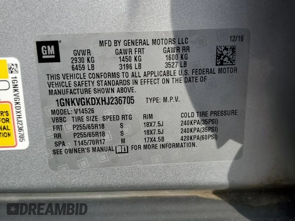 2017 Chevrolet Traverse LT with VIN 1GNKVGKDXHJ236705, listed as a Copart auction lot 41686105 with Not Provided miles and Non Repairable. Bid and sale history available at DreamBid. Image 13.